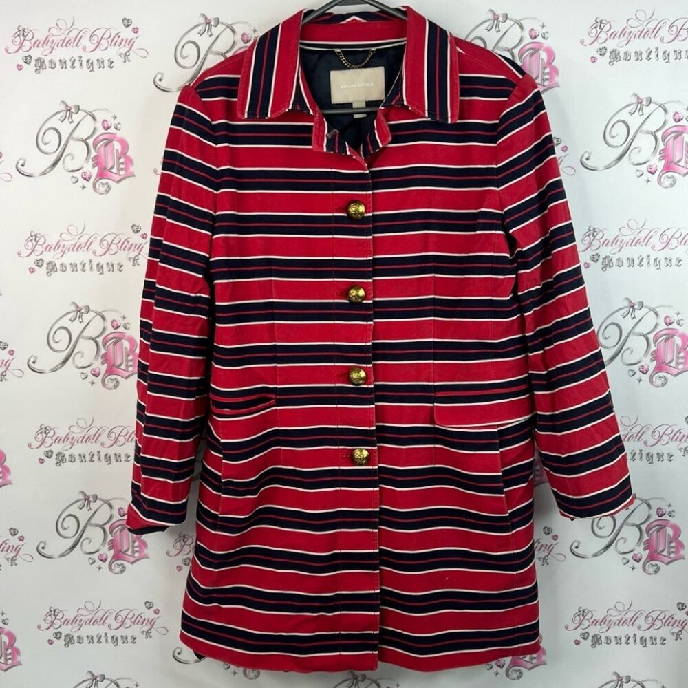 Banana Republic coat button up jacket nautical Red and Black Striped Trench Coat